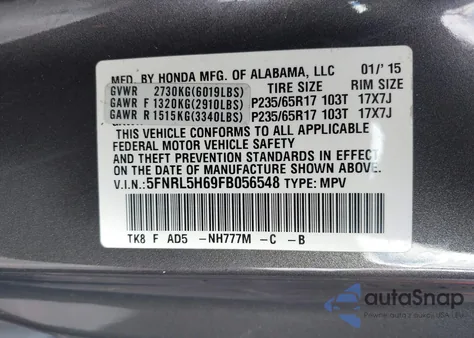 2015 Honda Odyssey Ex-L from USA, damaged, VIN 5FNRL5H69FB056548